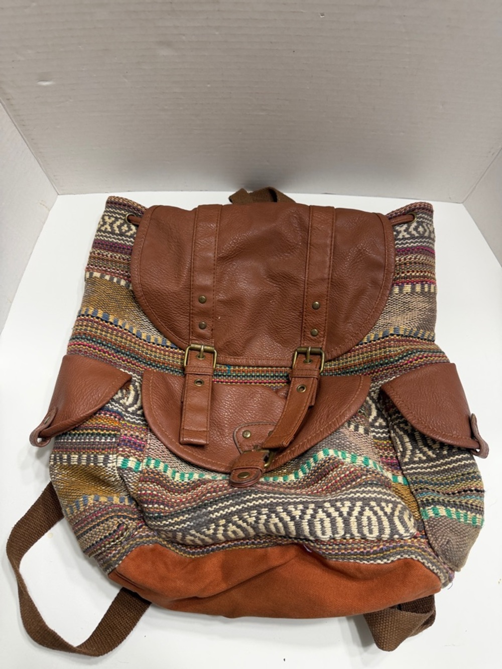 Mossimo Supply Co. Brown Leather-Trim Patterned Canvas Backpack